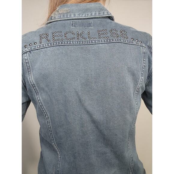 Lucky Brand Distressed Punk Rock Stay Reckless Studded Dark Denim Jacket Sz Med - Picture 8 of 9